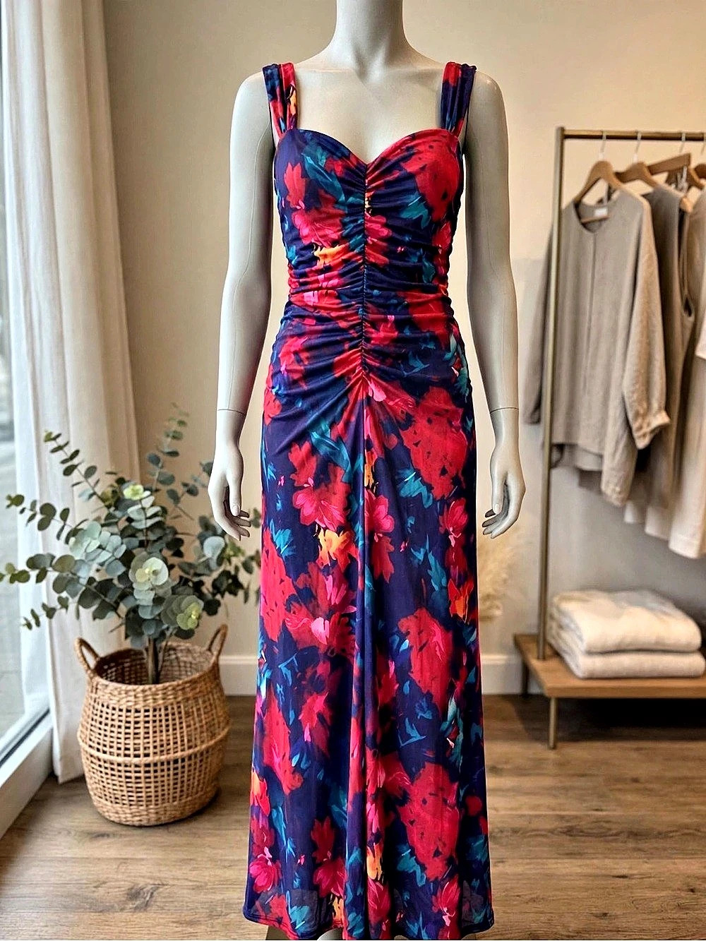 Floral Ruched Maxi Dress in Blue & Pink Like New